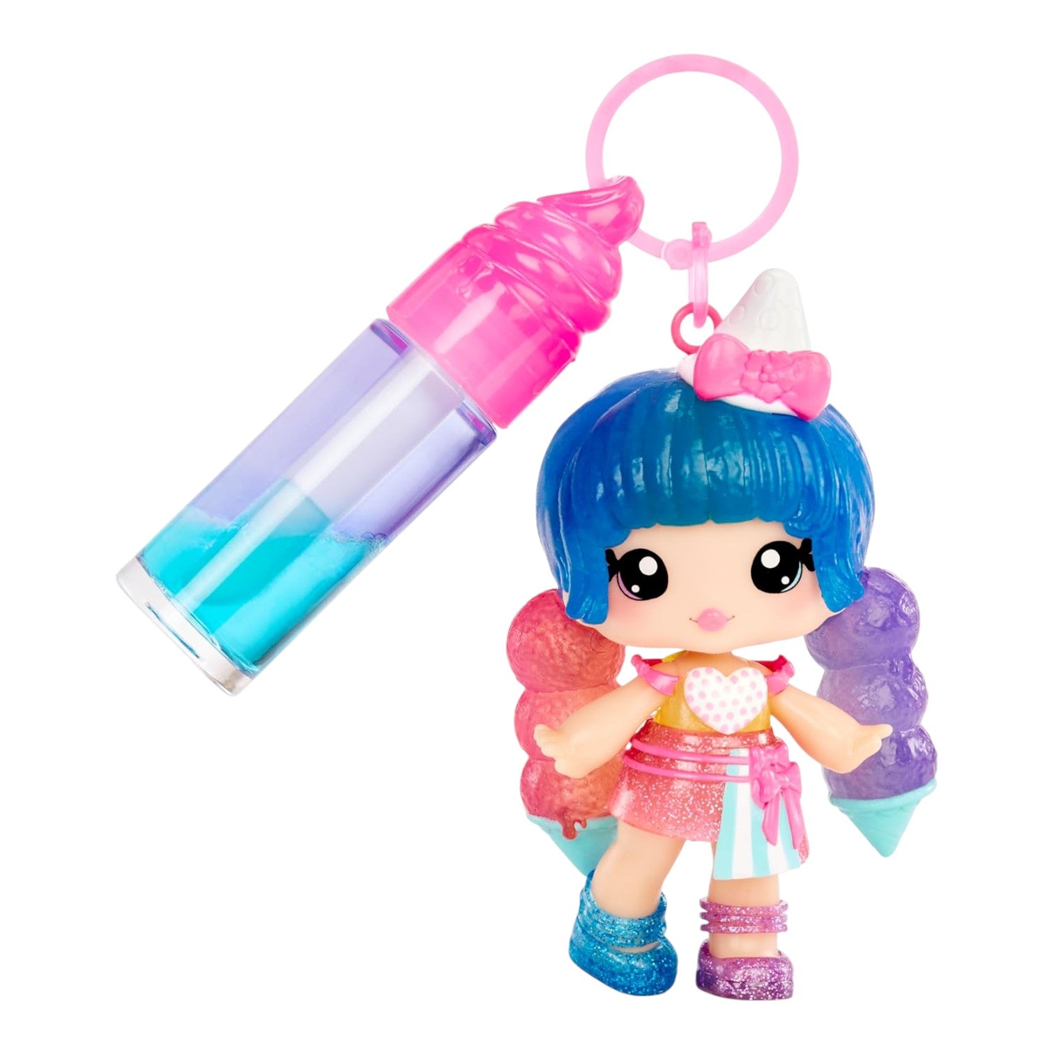 Yummiland Lip Gloss Doll Stephie Snowcone two-tone DIY lip gloss kit with blue hair and a bottle keychain on a white background