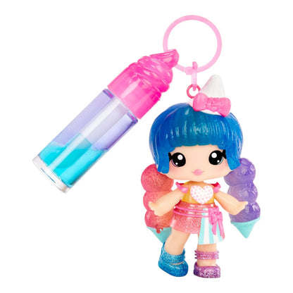 Yummiland Lip Gloss Doll Stephie Snowcone two-tone DIY lip gloss kit with blue hair and a bottle keychain on a white background