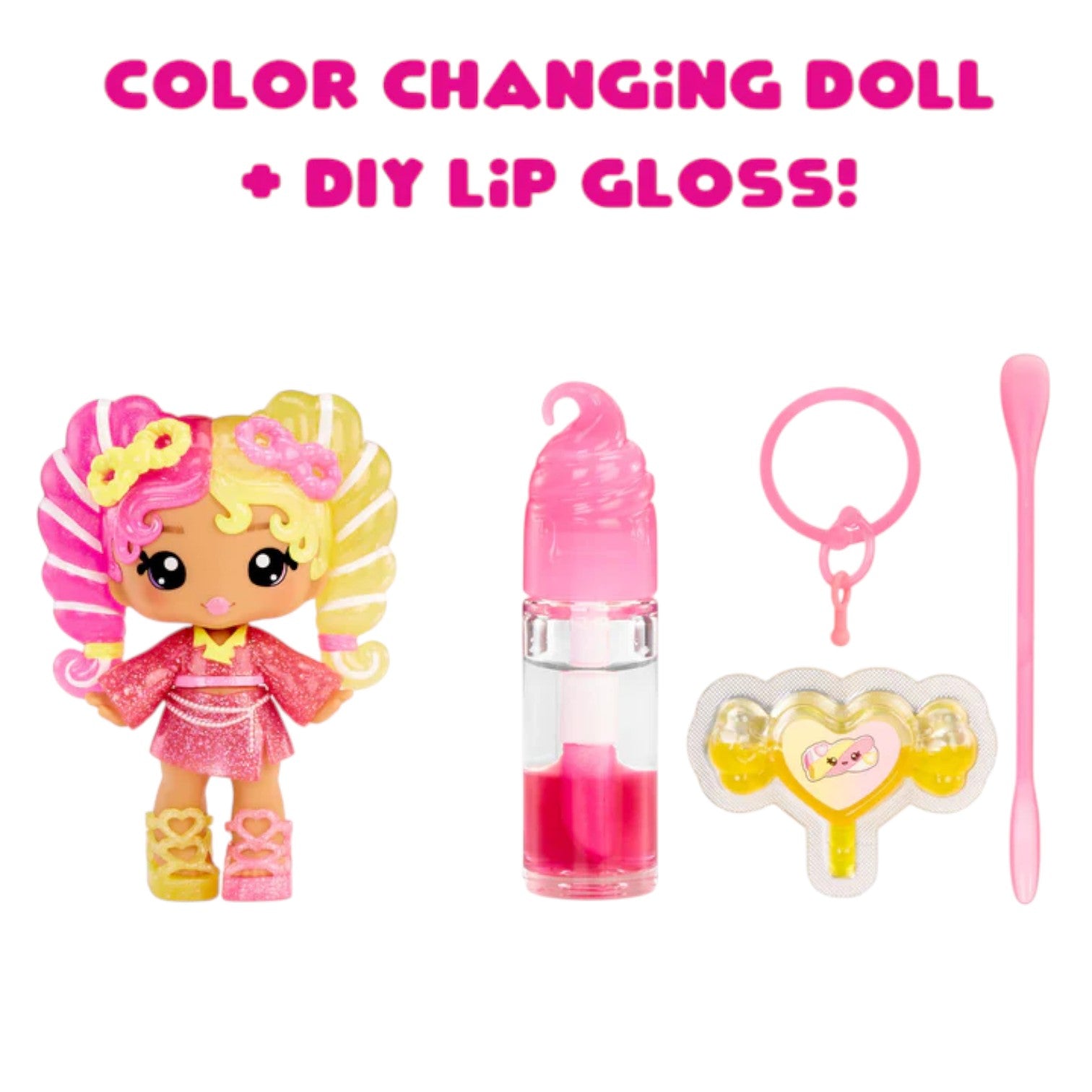 Yummiland Mila Mallows Mystery Color Change Doll – Front View Color-changing doll with DIY lip gloss set on a white background