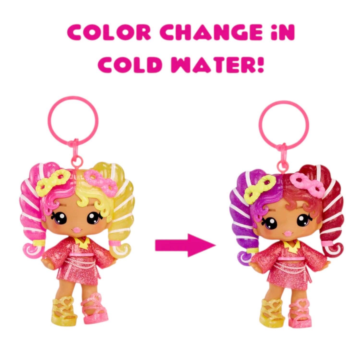 Color-changing toy keychain with text 'Color Change in Cold Water!' on a white background