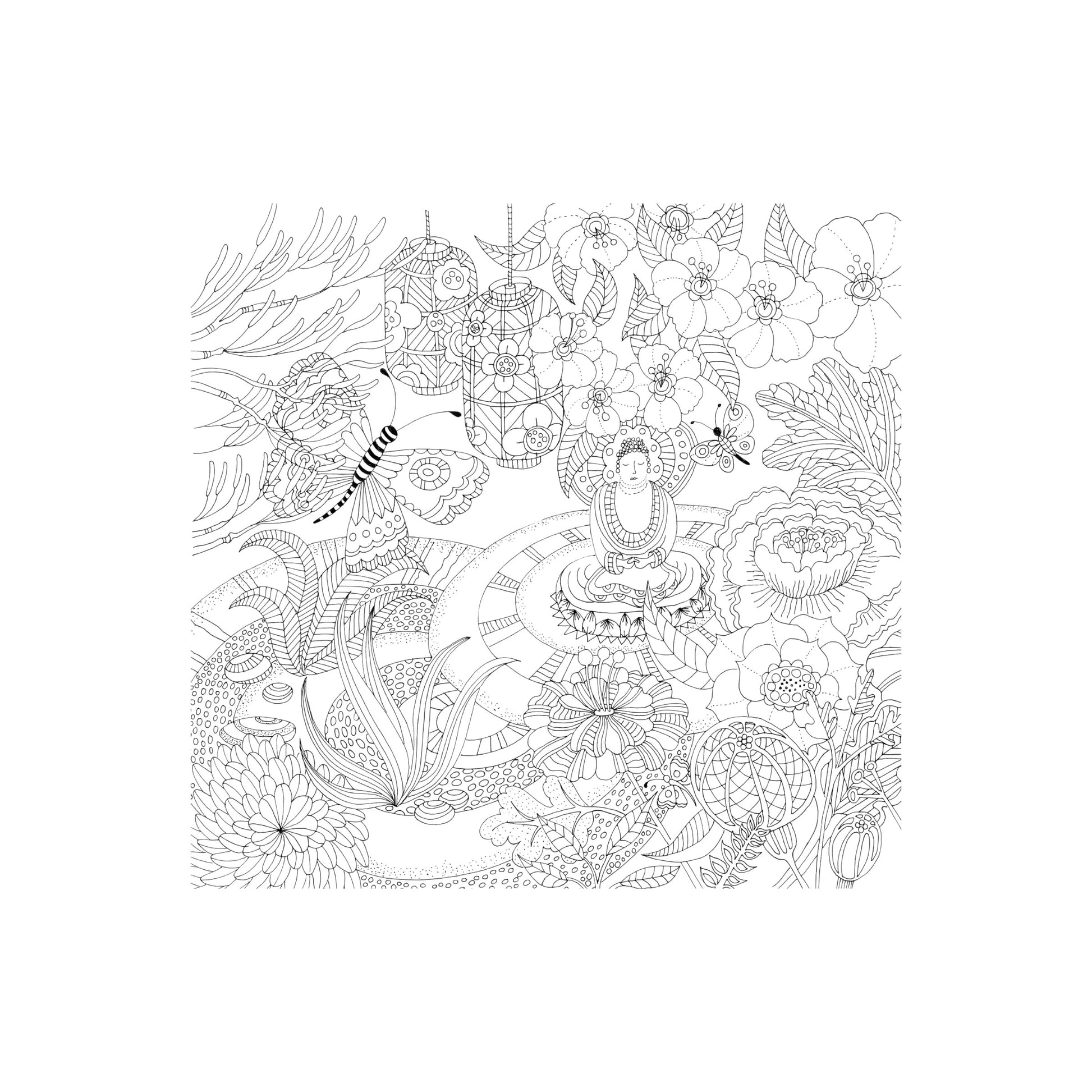 Zen Garden Artist's Coloring Book featuring a colorful cover design with butterflies, flowers, and a serene garden setting.