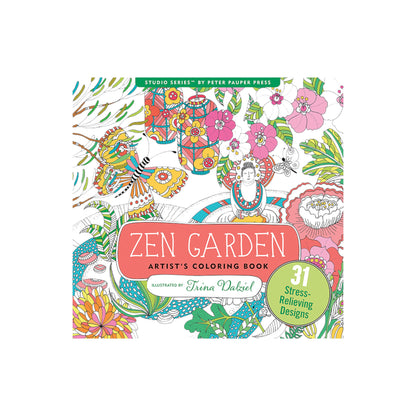 Zen Garden Artist's Coloring Book featuring a colorful cover design with butterflies, flowers, and a serene garden setting.