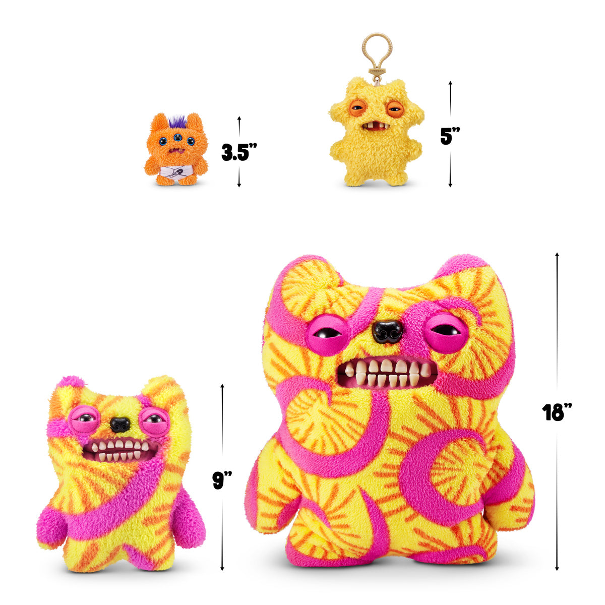 Set of colorful plush toys with size measurements on a white background