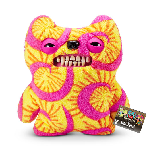 Product view of ZURU Fuggler Bigg Fugg Old Tooth, a giant yellow and pink swirl plush monster with human-like teeth.