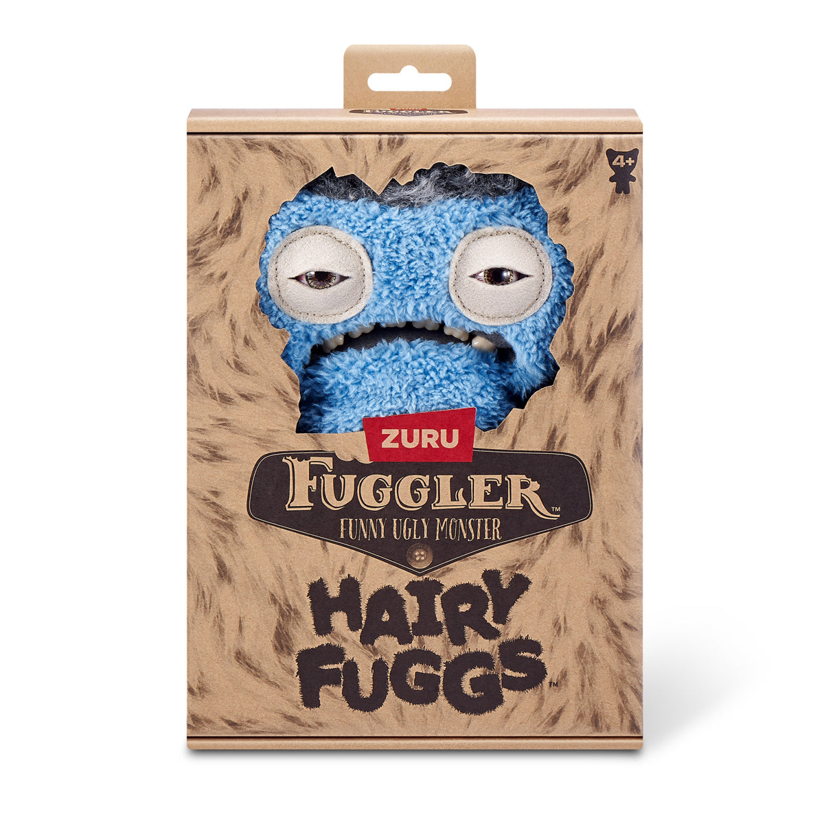 Box of Zuru Fuggler Hairy Fuggs toy with blue fuzzy creature in a wooden-textured box