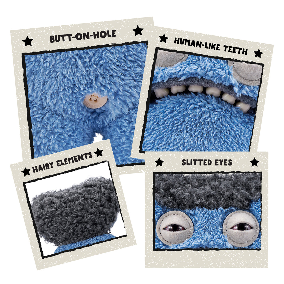Four cards showing different features of a blue plush toy with text labels.