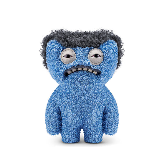 Product view of ZURU Fuggler Hairy Fuggs Gnawing Terror, a blue plush monster with a grey curly wig and human-like teeth.