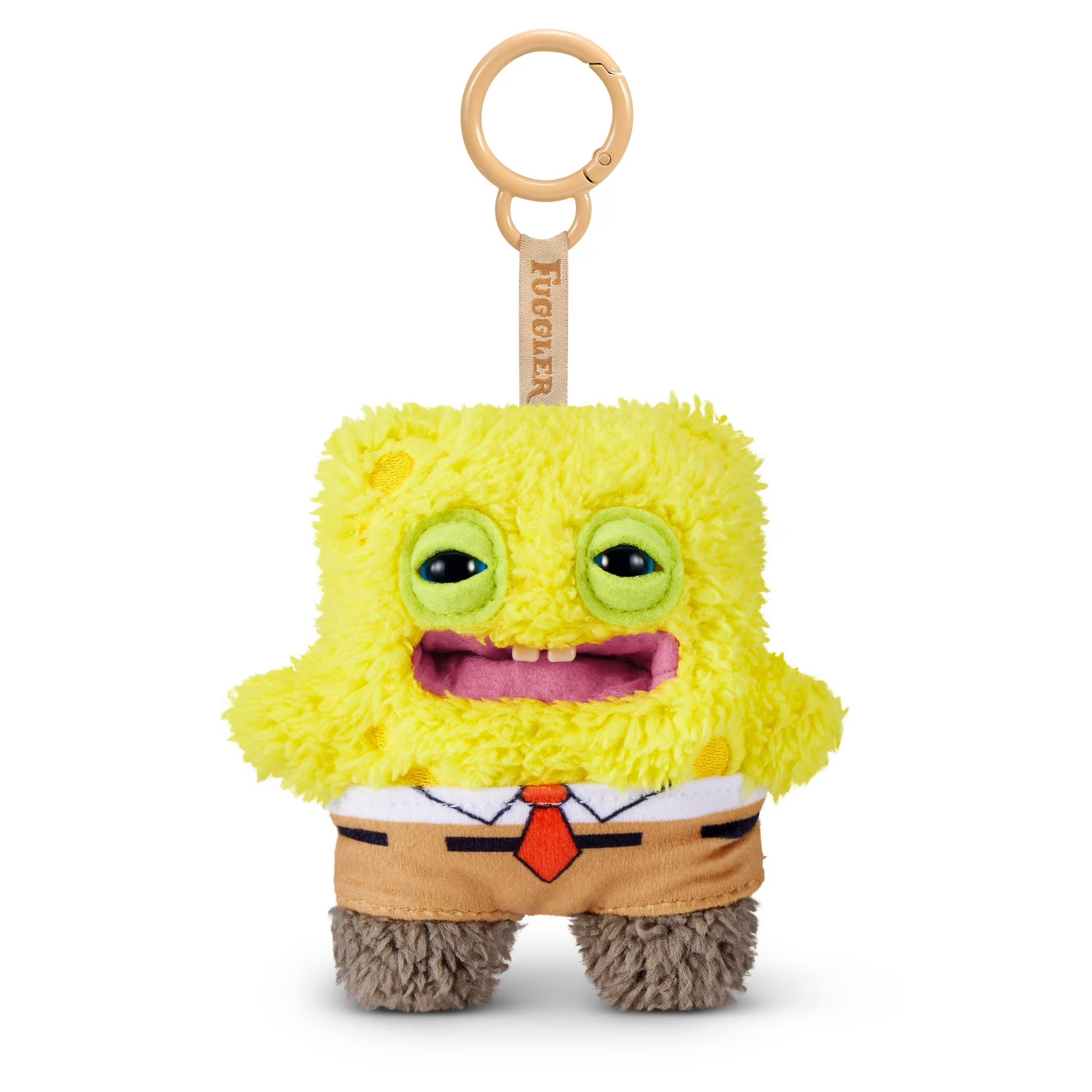 Fuggler SpongeBob SquarePants 5-inch plush keyring featuring a funny ugly monster face, yellow textured plush body, brown pants, and a sturdy bag clip.