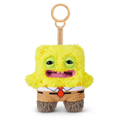 Fuggler SpongeBob SquarePants 5-inch plush keyring featuring a funny ugly monster face, yellow textured plush body, brown pants, and a sturdy bag clip.