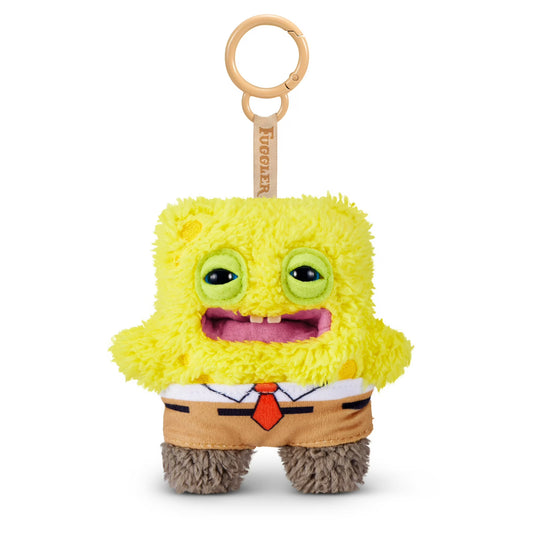 Fuggler SpongeBob SquarePants 5-inch plush keyring featuring a funny ugly monster face, yellow textured plush body, brown pants, and a sturdy bag clip.