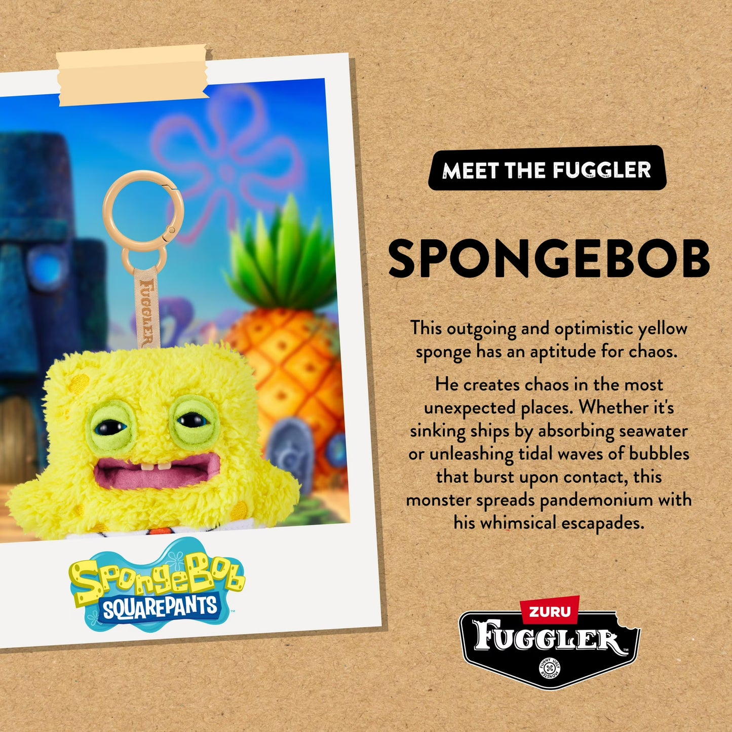 Fuggler SpongeBob toy with promotional text and branding on a cardboard background