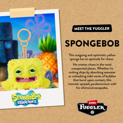 Fuggler SpongeBob toy with promotional text and branding on a cardboard background