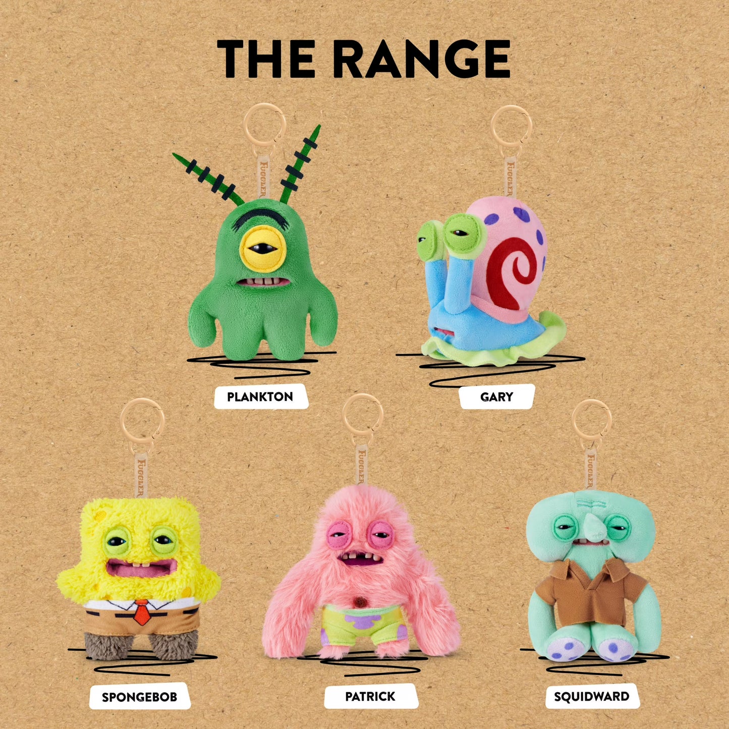 Five plush keychains of cartoon characters on a brown background with 'The Range' branding.
