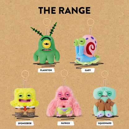 Five plush keychains of cartoon characters on a brown background with 'The Range' branding.