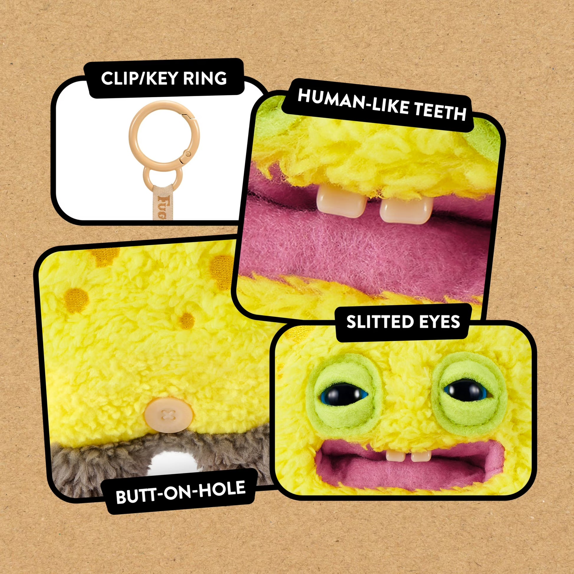 Yellow plush toy with text labels on a brown background