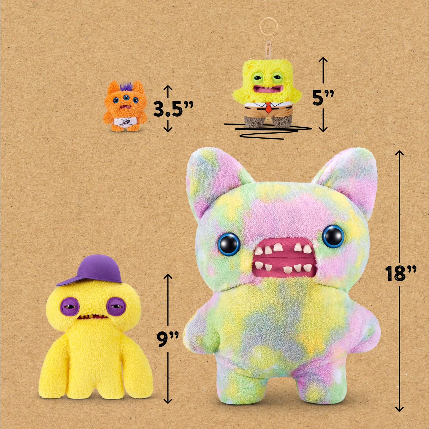 Set of colorful plush toys with measurements on a brown background