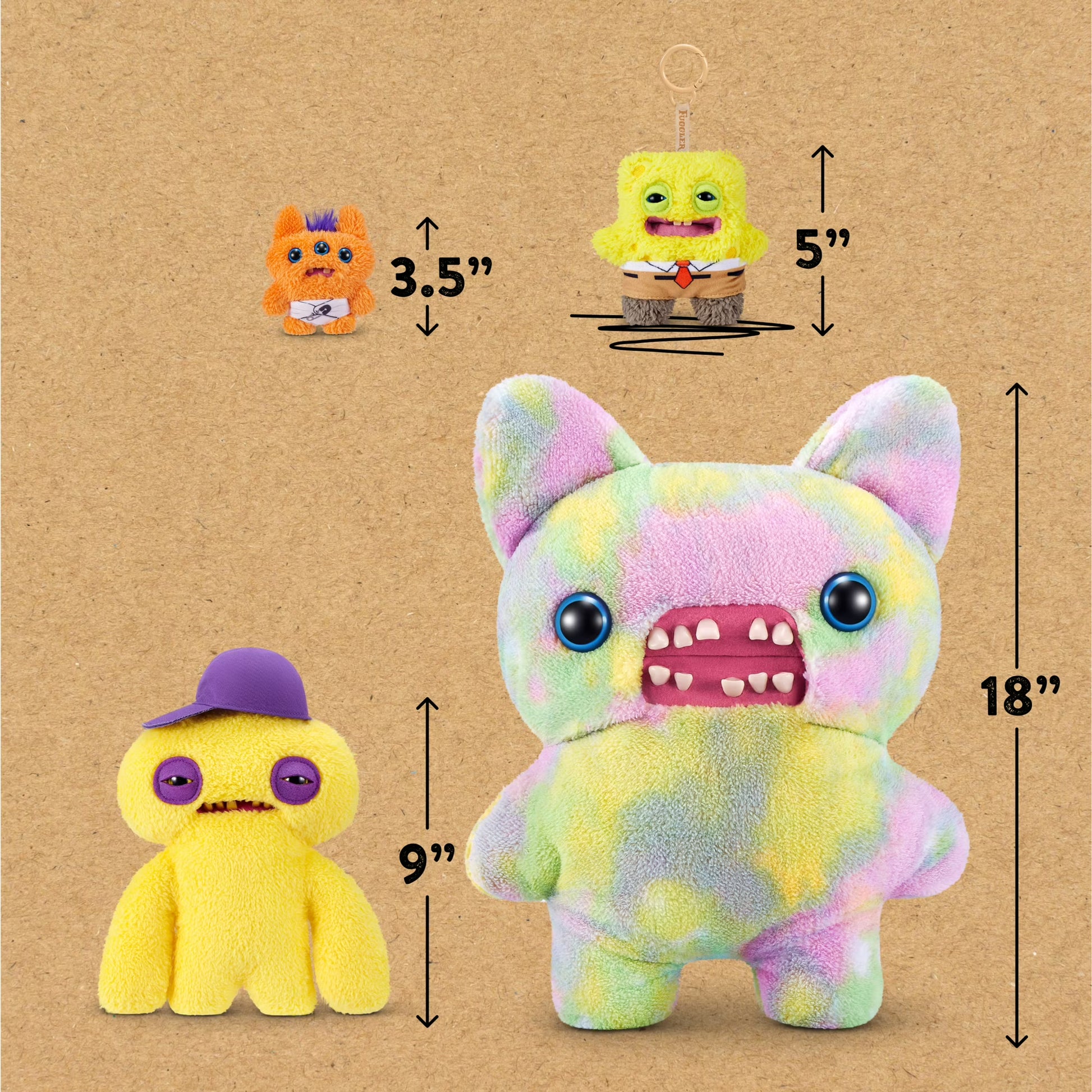Set of colorful plush toys with measurements on a brown background