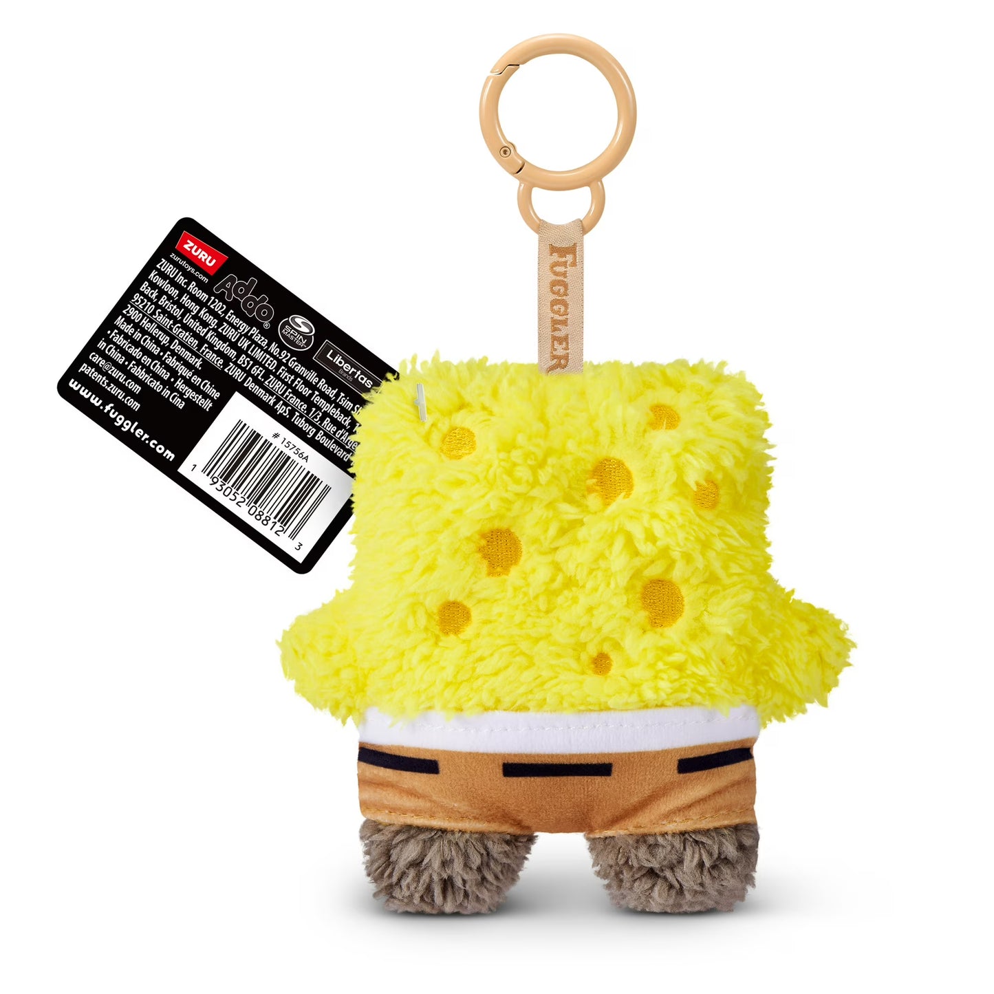 Fuggler SpongeBob SquarePants 5-inch plush keyring featuring a funny ugly monster face, yellow textured plush body, brown pants, and a sturdy bag clip.