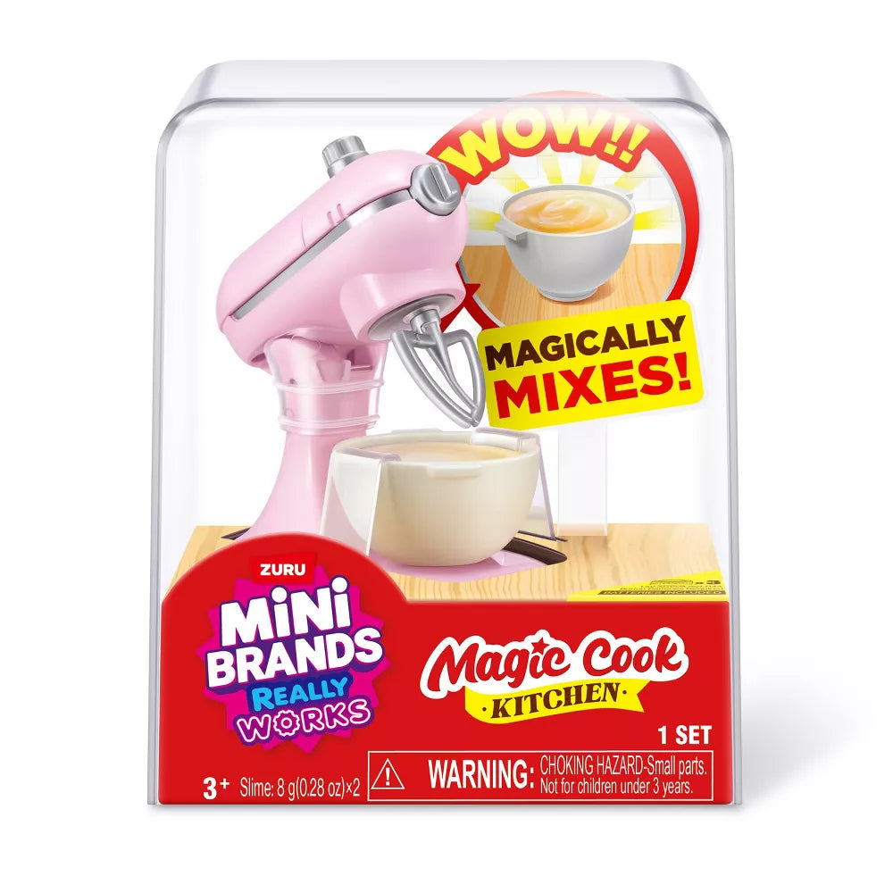 ZURU Mini Brands Magic Cook Kitchen Series 1 working pink mini stand mixer playset with a mixing bowl and slime ingredients.