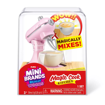 ZURU Mini Brands Magic Cook Kitchen Series 1 working pink mini stand mixer playset with a mixing bowl and slime ingredients.