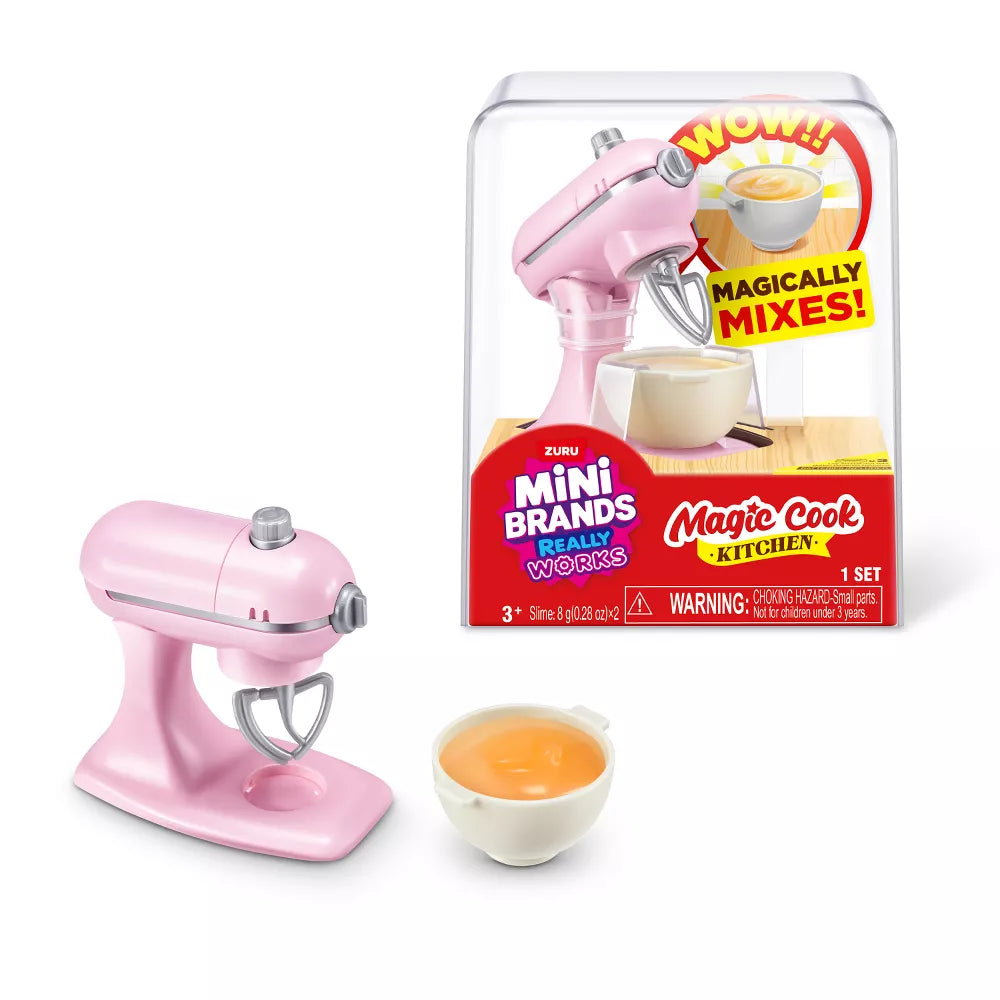 ZURU Mini Brands Magic Cook Kitchen Series 1 working pink mini stand mixer playset with a mixing bowl and slime ingredients.